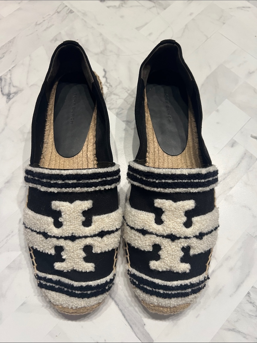 Tory Burch Black & White Logo Espadrille Flats